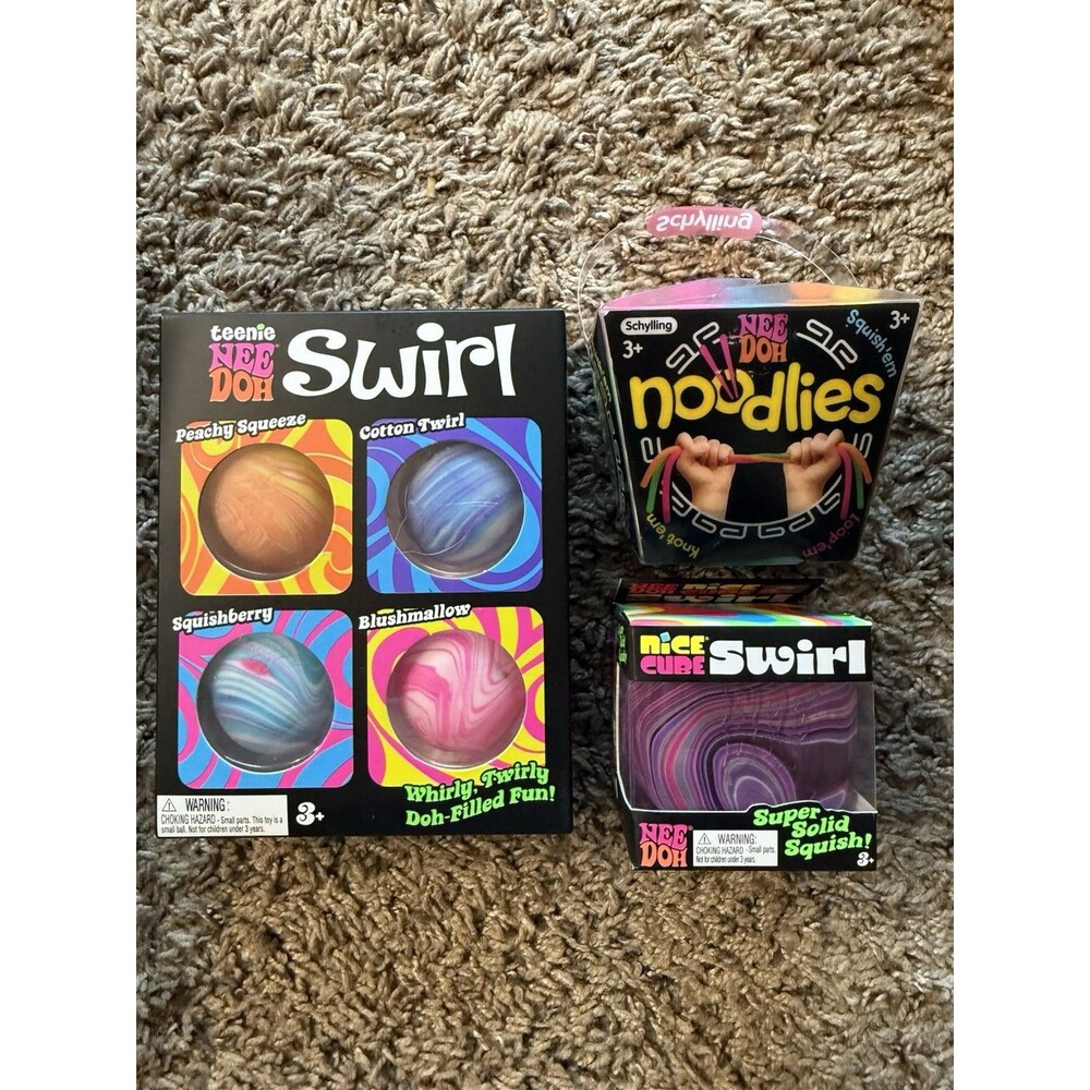 NeeDoh Nice Cube Swirl + Teenie Swirl 4 Pack + Noodlies NEW Sensory Bundle